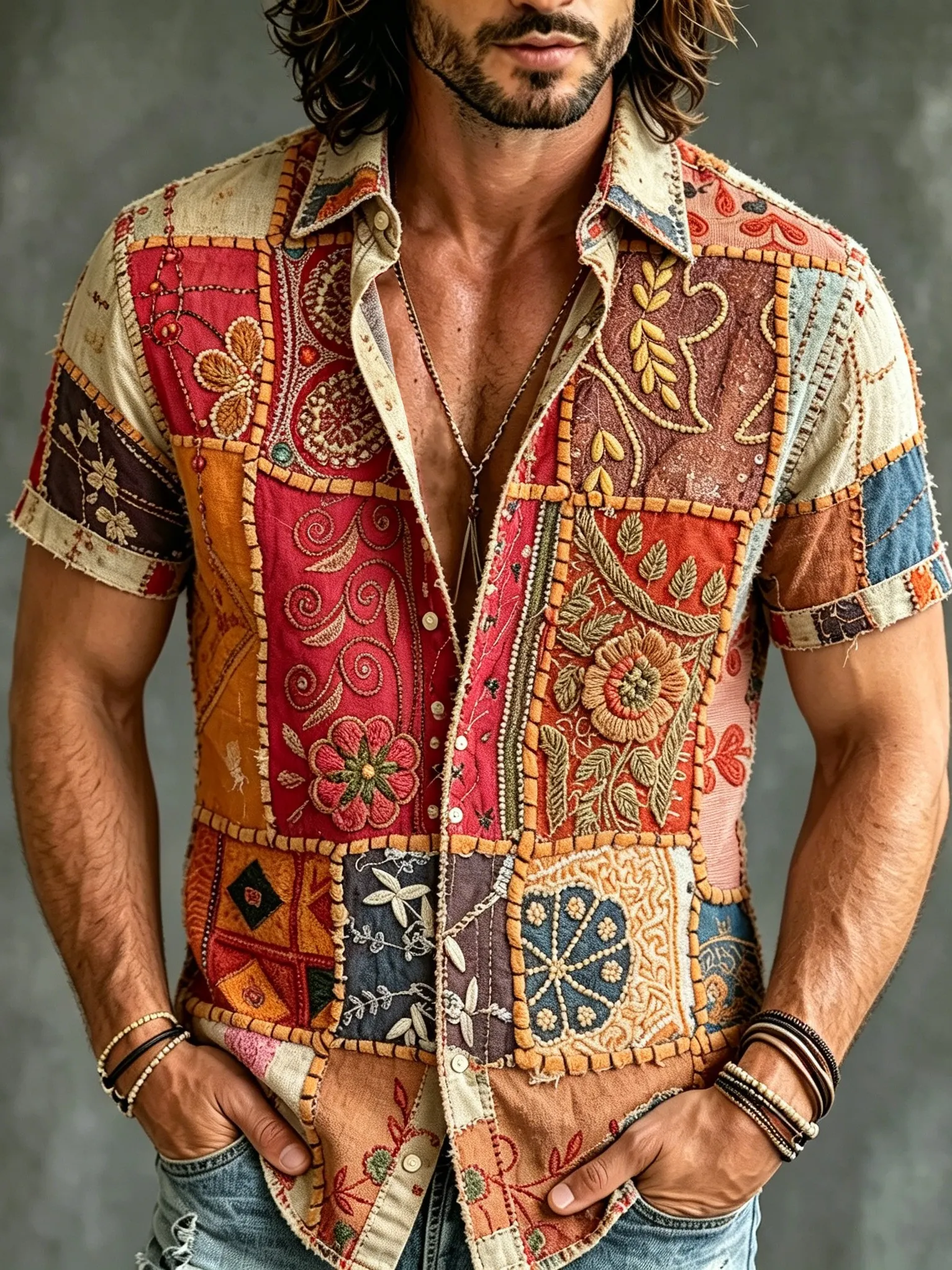 Comstylish Men's Retro Bohemian Hippie Style Floral Patchwork Embroidered Print Short-sleeve Shirt