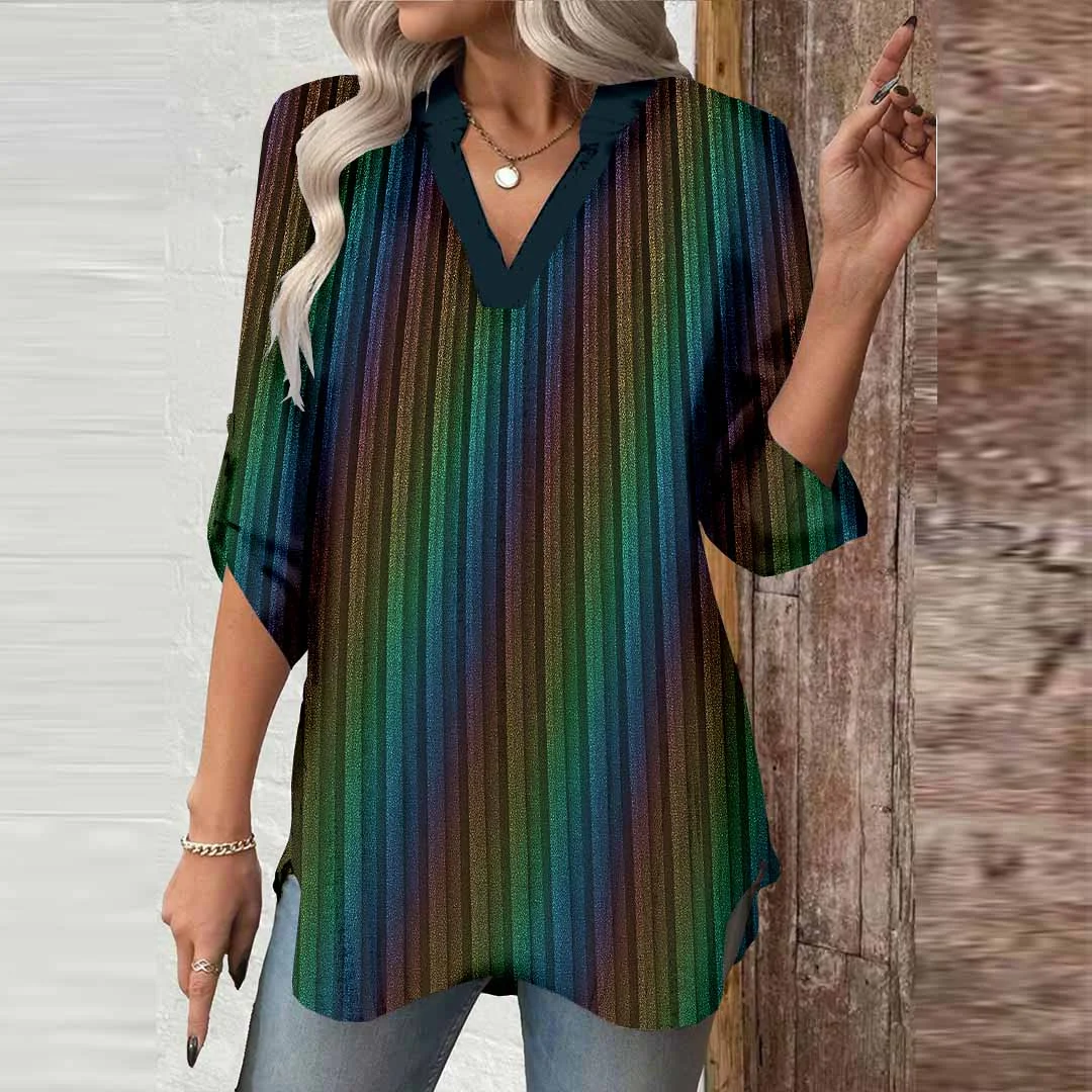 Women Gradient, Green, Red DZGA0347 3/4 Sleeve V-neck Printed Graphic Button Tops