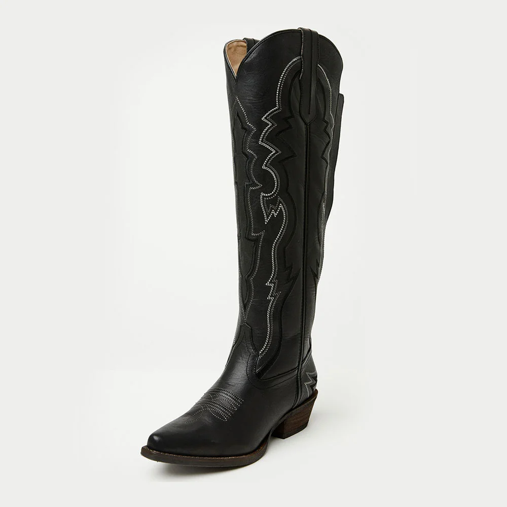 Black Lace-Up Block Heel Knee High Embroidered Cowgirl Boots