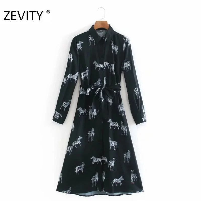 ZEVITY New women fashion animal print long sleeve casual shirt dress office lady breasted bow sashes vestido chic dresses DS4408