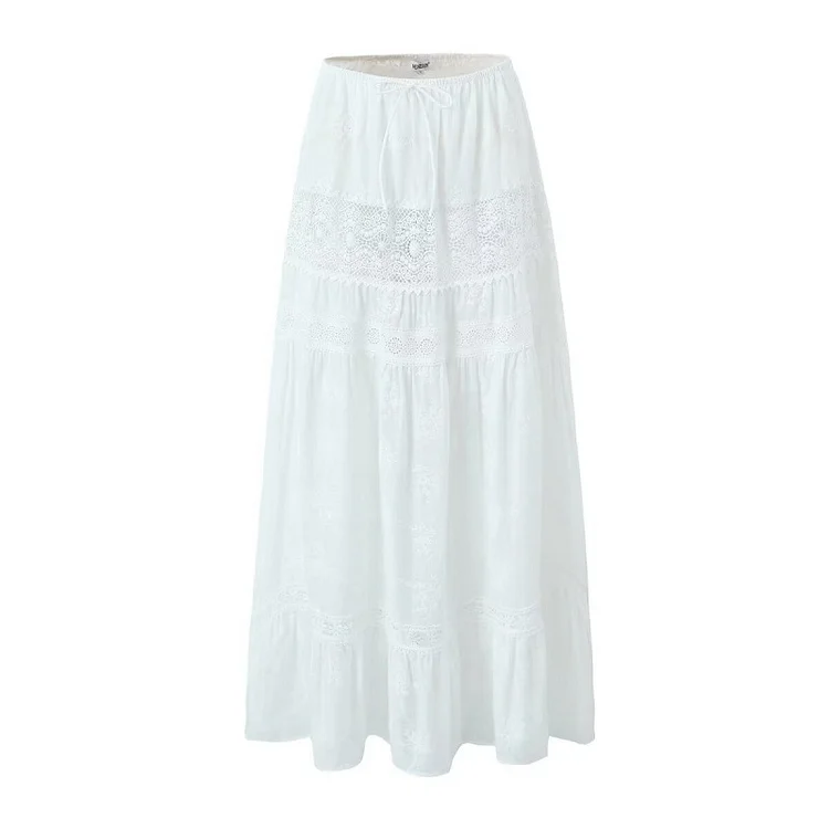 Off-neck Lace Short Small Top High Waist Drawstring Patchwork Long Dress