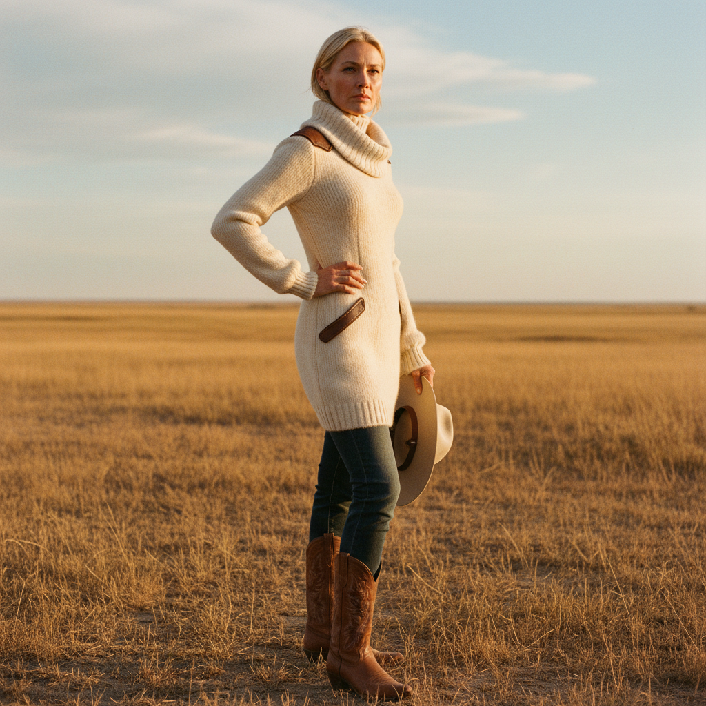 Women's Vintage Cream High Neck Knitted Dress With Leather Accents