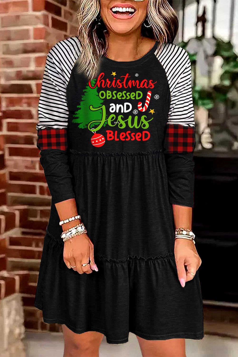 Women's Christmas Obsessed And Jesus Blessed Print Long Sleeve Dress