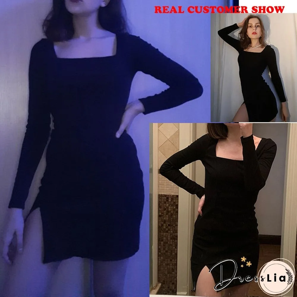 Weekeep Sexy Side Split Square Collar Long Sleeve Spring Dress Women Knitted Bodycon Party Clubwear Mini Dresses