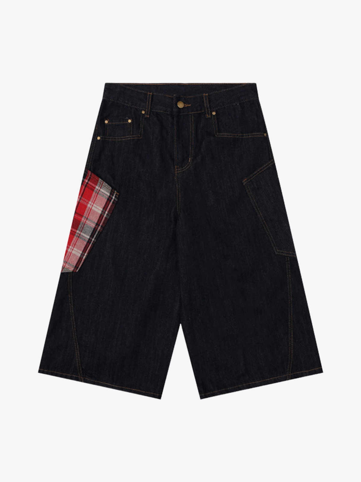 Red Plaid Act Chic Plaid Patchwork Large Pocket Longline Jorts Front