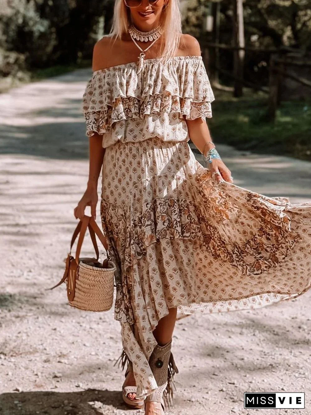 Off-the-shoulder Ruffle Smocked Print Maxi Dress P13702