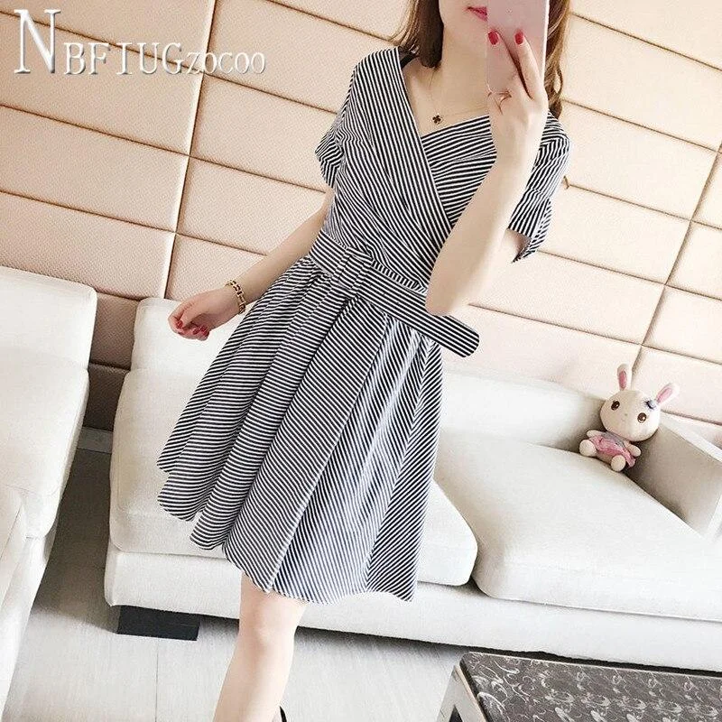 2020 Summer Plus Size Stripe Women Dress Waist Belt Female Dresses