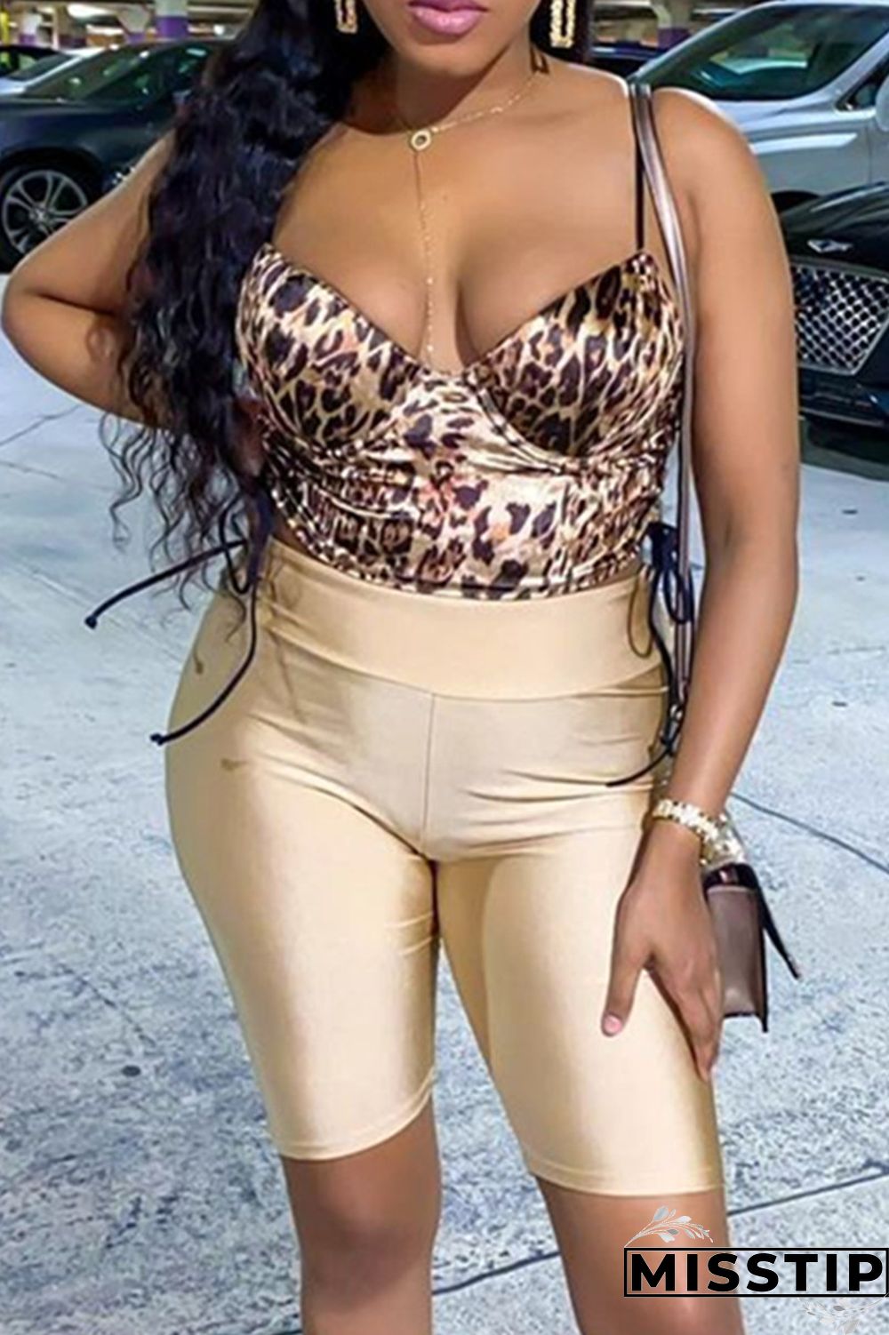 Leopard Print Sexy Casual Leopard Strap Design Spaghetti Strap Sleeveless Two Pieces