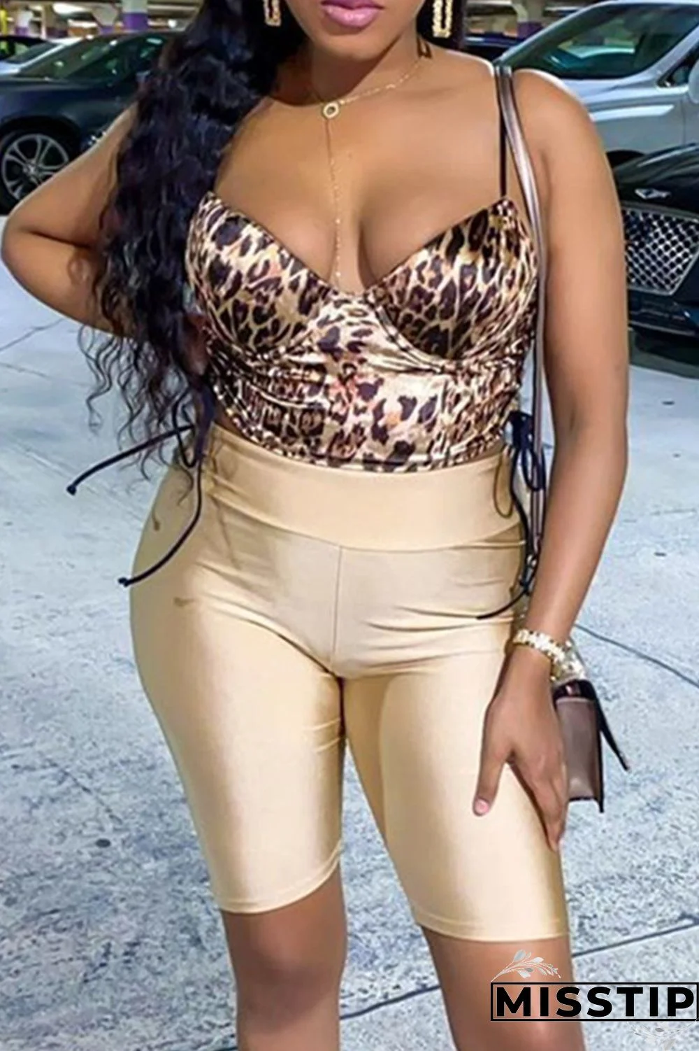 Leopard Print Sexy Casual Leopard Strap Design Spaghetti Strap Sleeveless Two Pieces