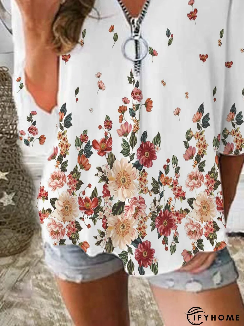 Floral Casual V Neck Zipper Three Quarter Loose Tunic Top | IFYHOME