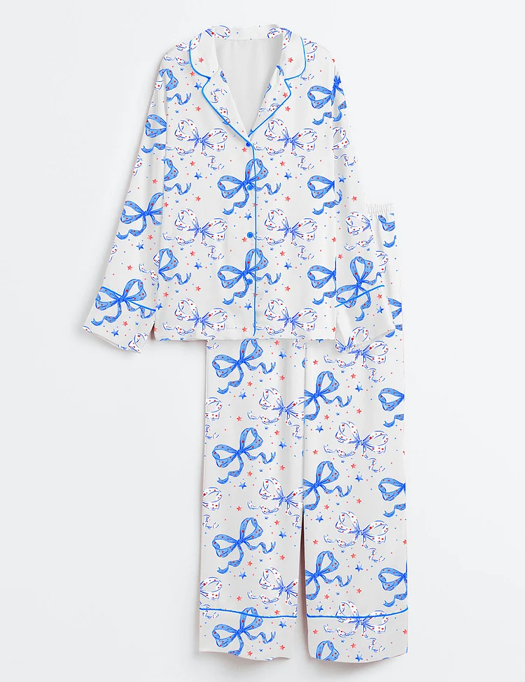 Women&rsquo;s Coquette Bow Cute 4th Of July Red White Blue Long Sleeve Satin Pajama Set