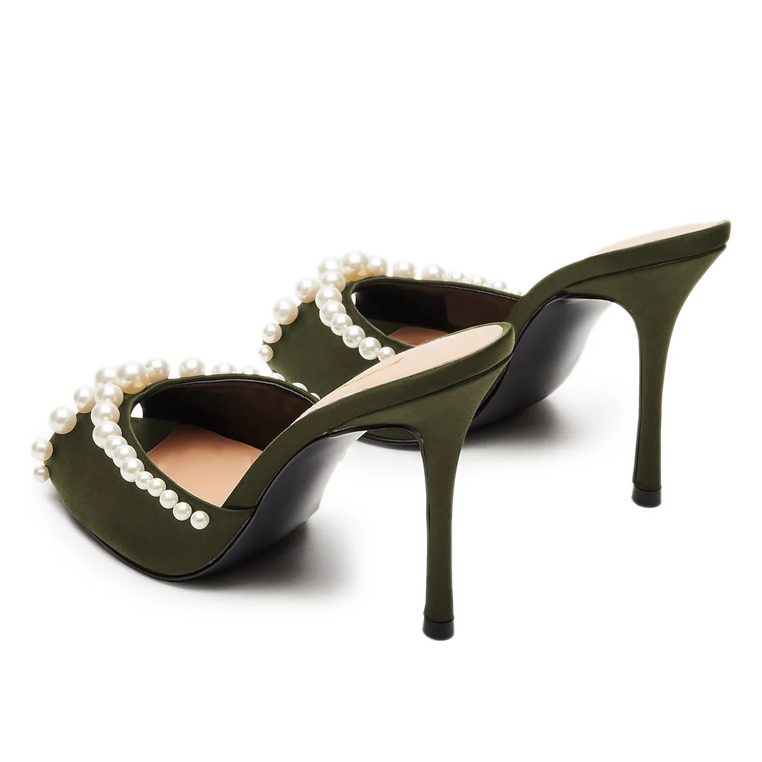 Dark Green Satin Pearl Embellished Stiletto Heel Mules for Women