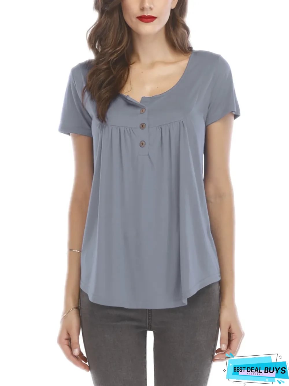 New Women's Pleated Button Loose Short Sleeve T-Shirt