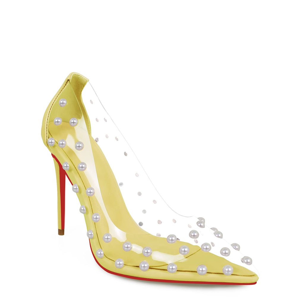 100mm Women's Pumps Pointed Toe Women High Heel Shoes Fashion Pearl Studded PVC Clear Heels Party Dress Red Bottom Shoes-vocosishoes