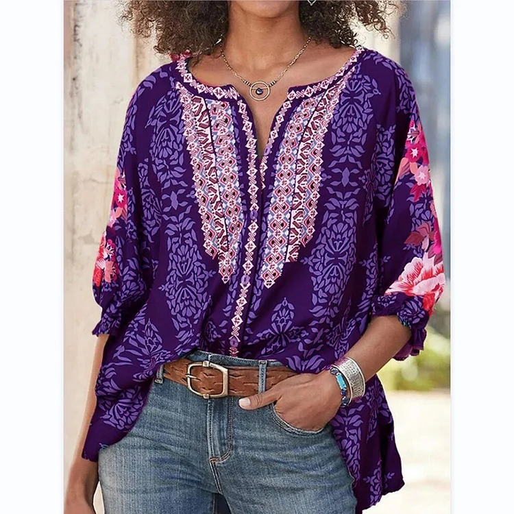 Floral Scoop Neckline Holiday Half Sleeve Shirts & Tops