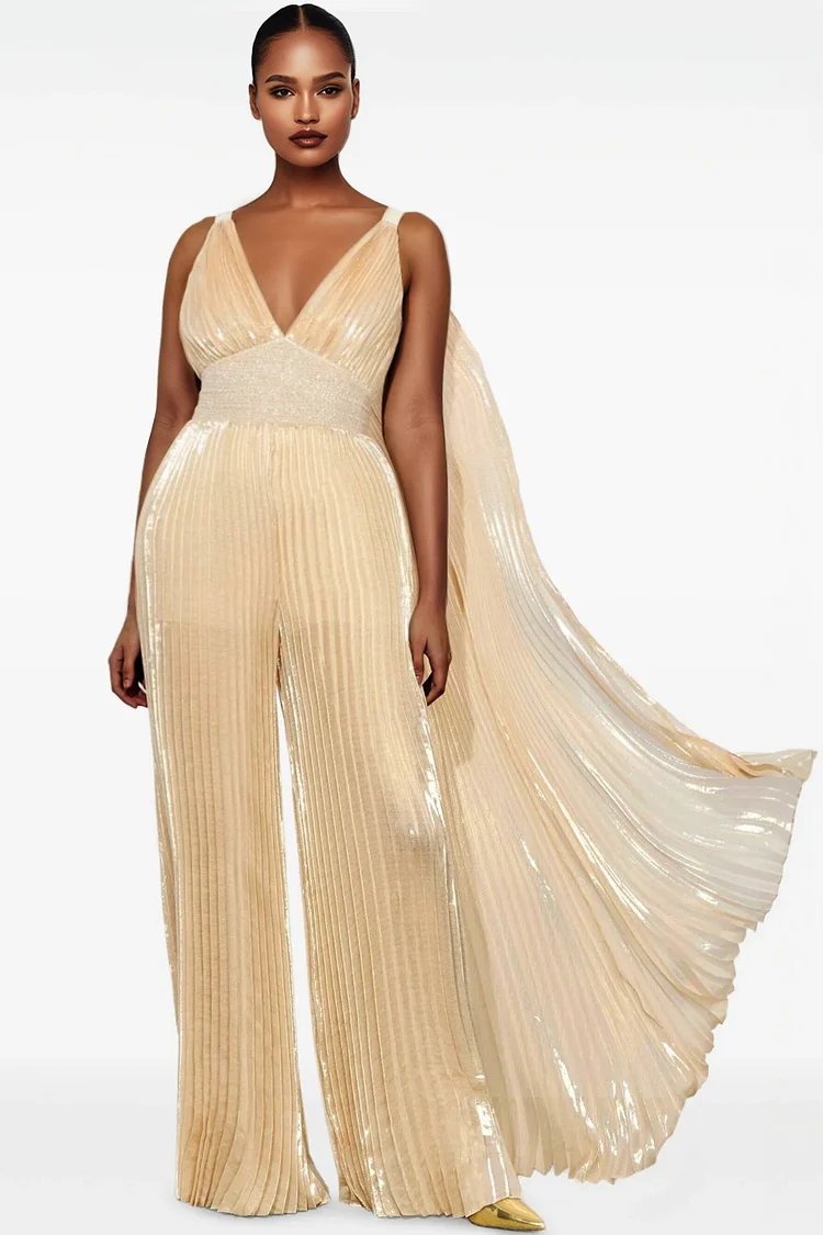 Xpluswear Design Plus Size Formal Champagne V Neck Detachable Overskirt Elegant Pleated Jumpsuits [Pre-Order] 2024 - Xpluswear