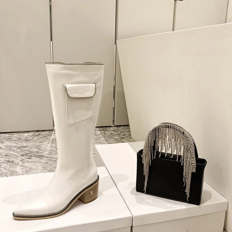 2021 Brand Design Winter Square Heel Knee High Boots Women Pointed Toe Chelsea Boots Leather Pocket Zipper Boots Botas Mujer