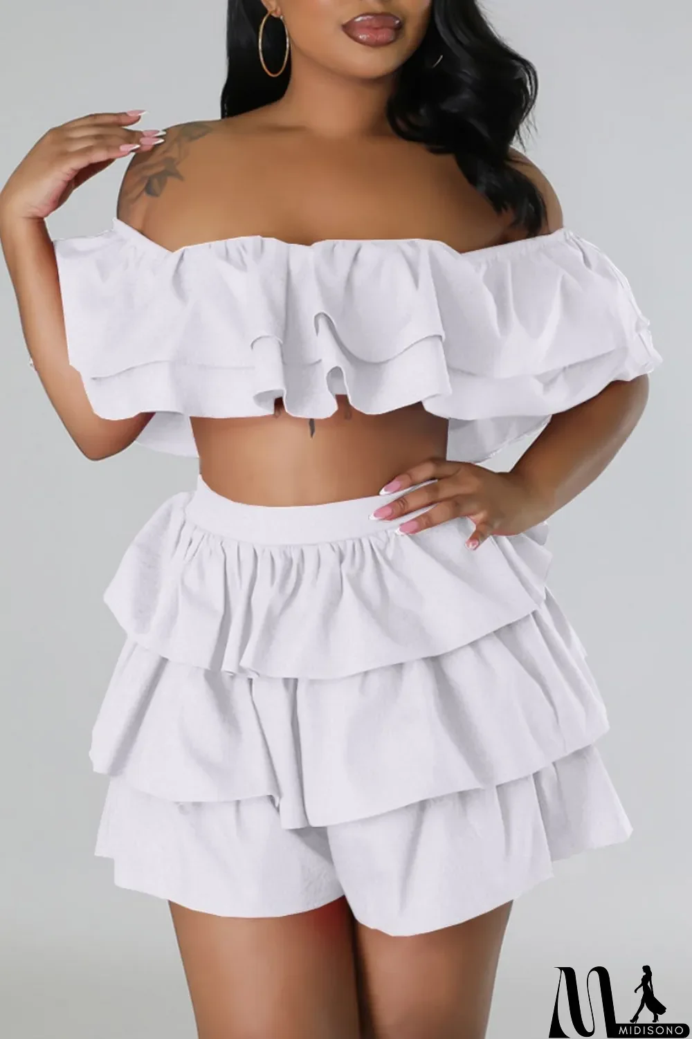 MidiSono - Rose Red Sexy Casual Solid Patchwork Backless Off the Shoulder Short Sleeve Two Pieces