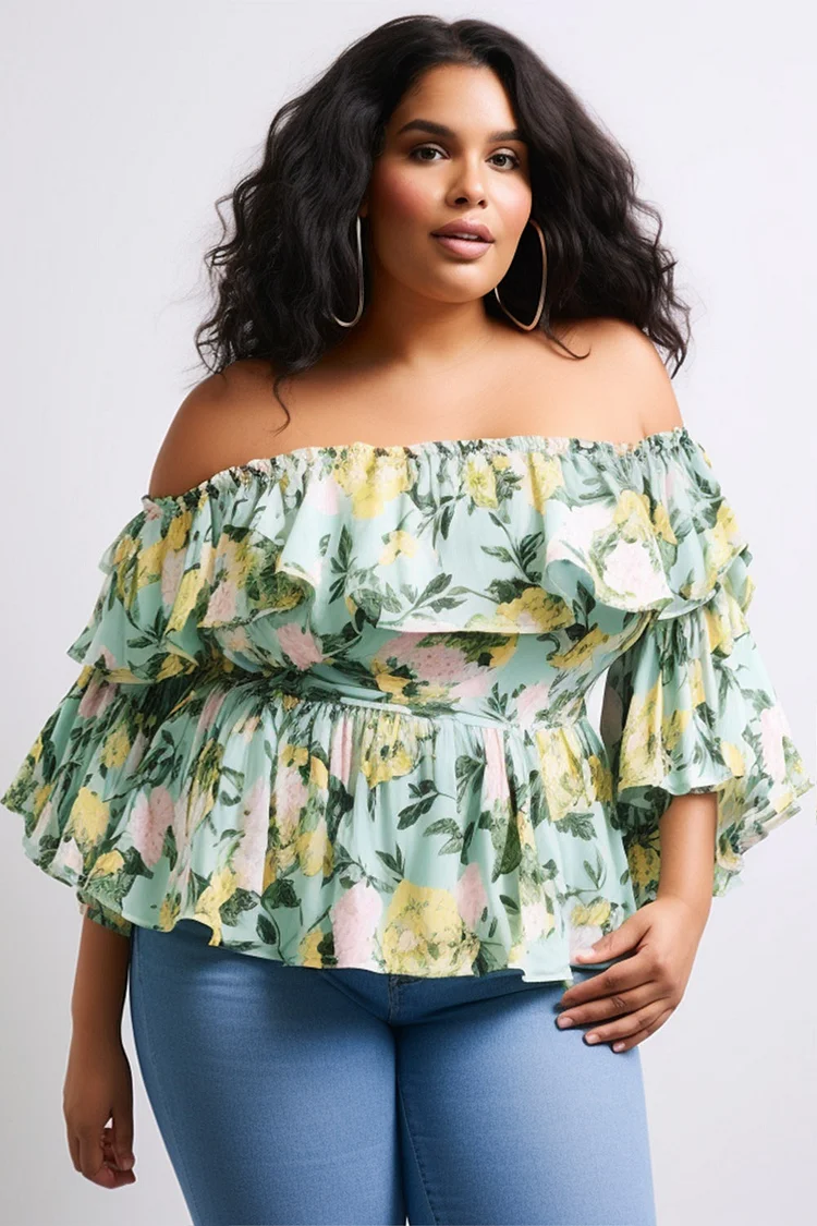 Flycurvy Plus Size Everyday Light Green Floral Print Off The Shoulder Pleated Blouse  Flycurvy [product_label]