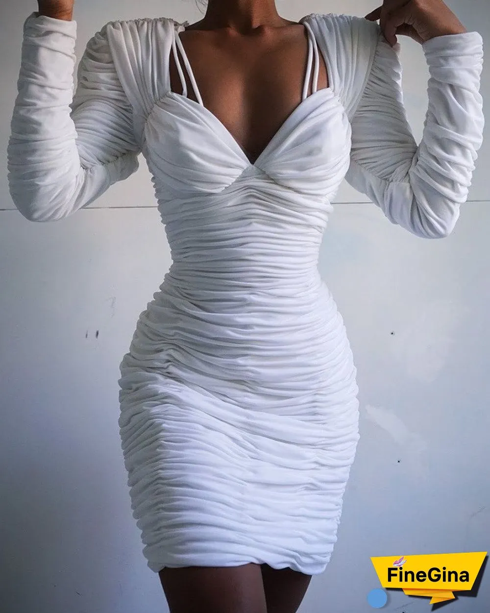 Solid Long Sleeve Ruched Bodycon Dress