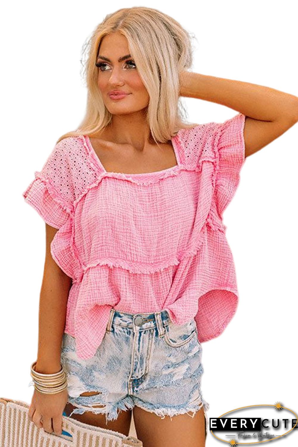 Pink Eyelet Lace Patchwork Frayed Crinkle Blouse