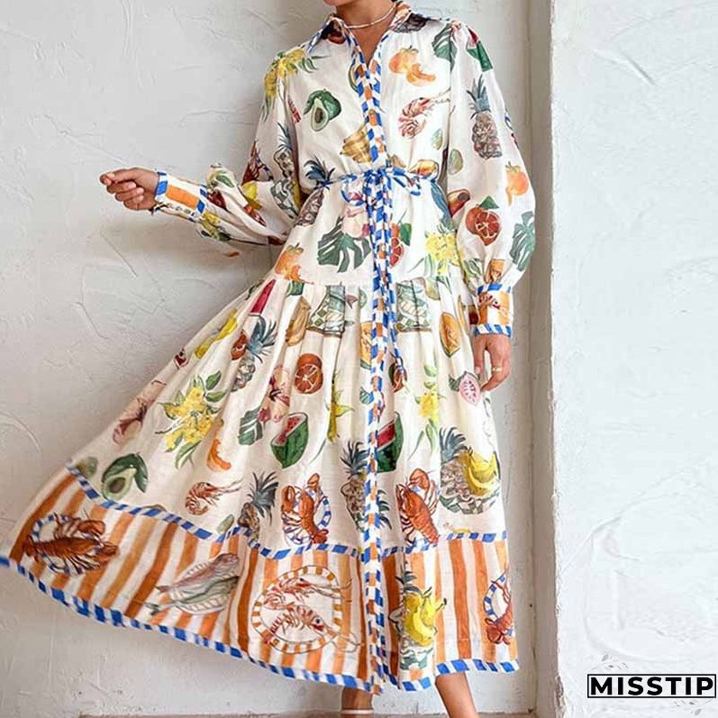 Women's Fashion Casual Lace-Up Floral Print High Waist Long Sleeve Maxi Dress