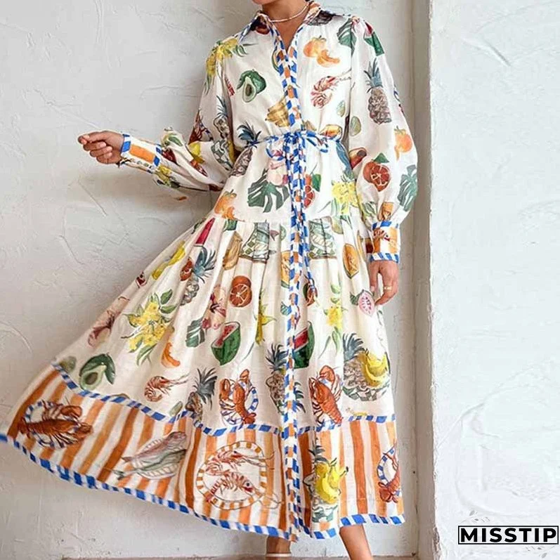 Women's Fashion Casual Lace-Up Floral Print High Waist Long Sleeve Maxi Dress