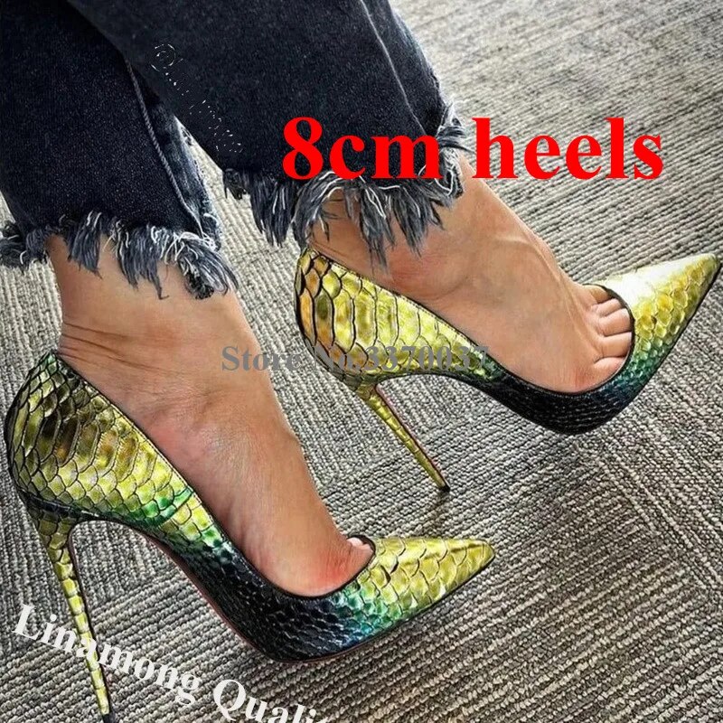 VCSHOES Pointed Toe Yellow Green Gradient Snake Leather Stiletto Heel Pumps 8cm 10cm 12cm High Heels Club Heels