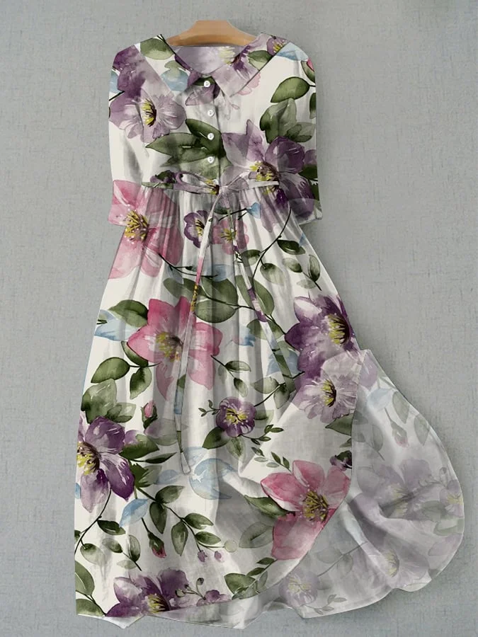 Women's Vintage Floral Design Printed Lace-Up Dress