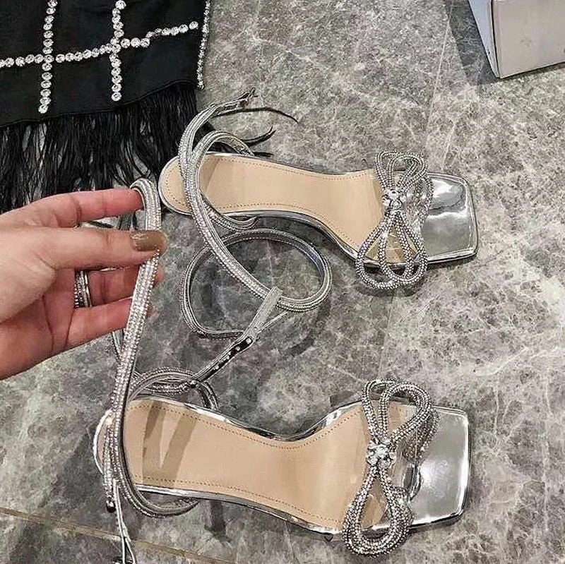 Women Sexy Stiletto High Heels Crystal Sandals Fashion Rhinestone Bowknot Party Shoes Woman Summer Ankle Strap Sandalias