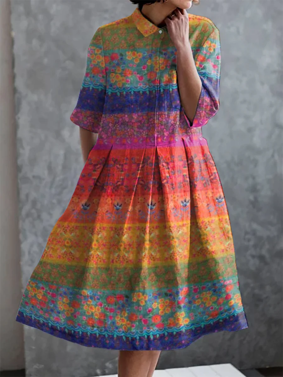 Vintage Bohemian Floral Print Pocket Half Sleeve Dress