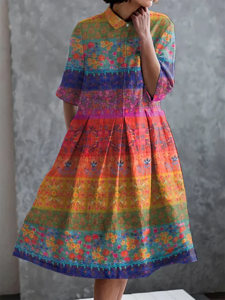 Vintage Bohemian Floral Print Pocket Half Sleeve Dress