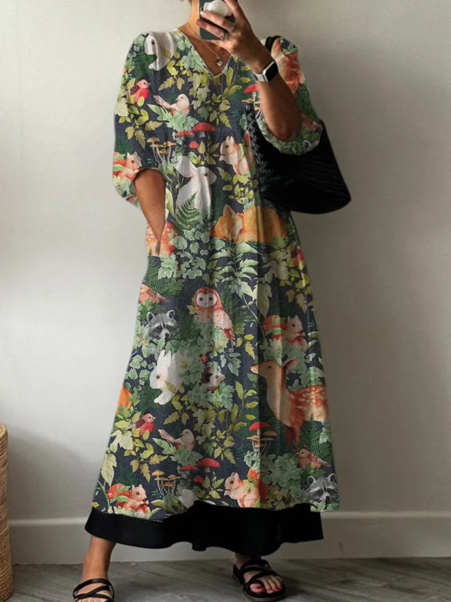 Women's Lovely Forest Animals Art Print Pocket V-neck Cotton Dress