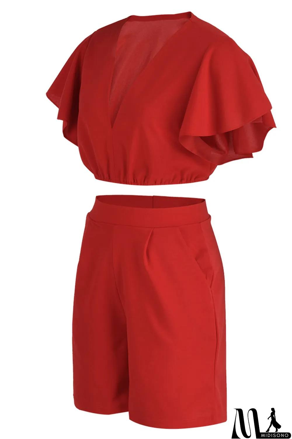 MidiSono - Yellow Casual Solid Patchwork Flounce V Neck Short Sleeve Two Pieces