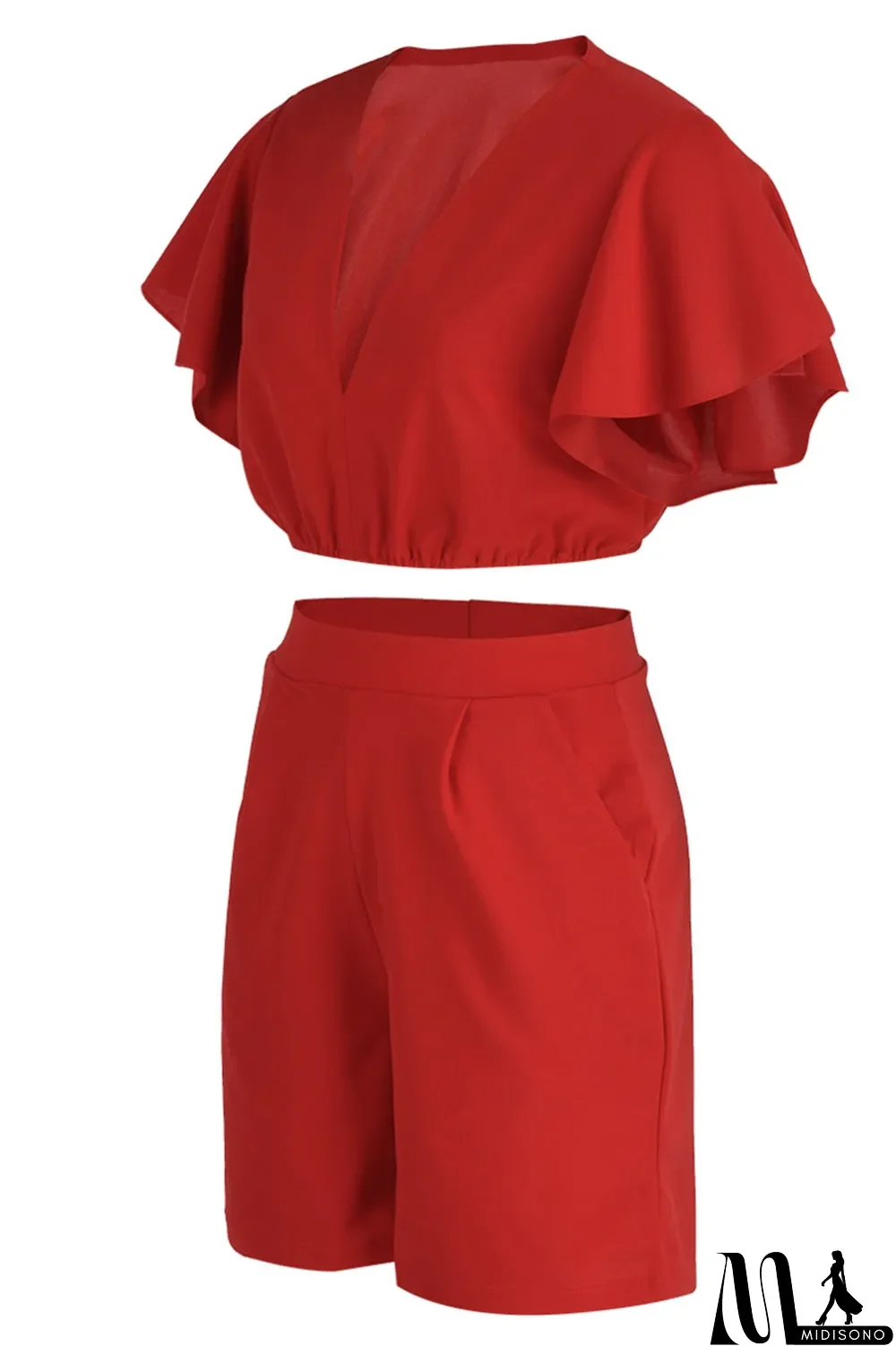 MidiSono - Yellow Casual Solid Patchwork Flounce V Neck Short Sleeve Two Pieces