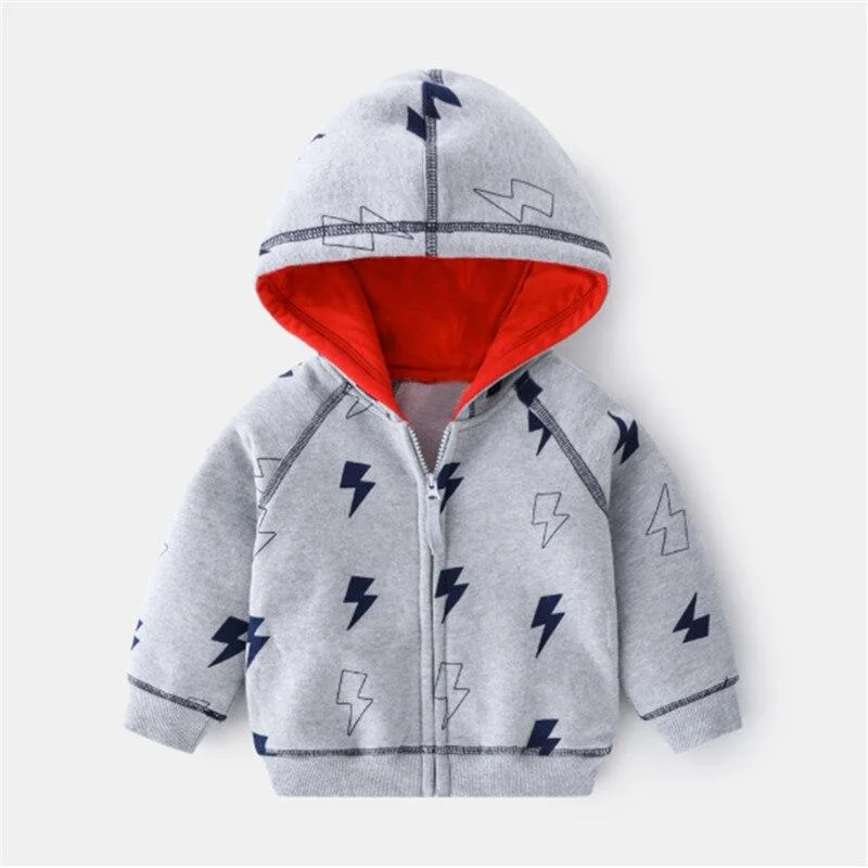Mudkingdom Boys Coats Winter Hooded Long Sleeve Fashion Lightning Print Children Outerwear Zip Fleece Warm Boys Jackets