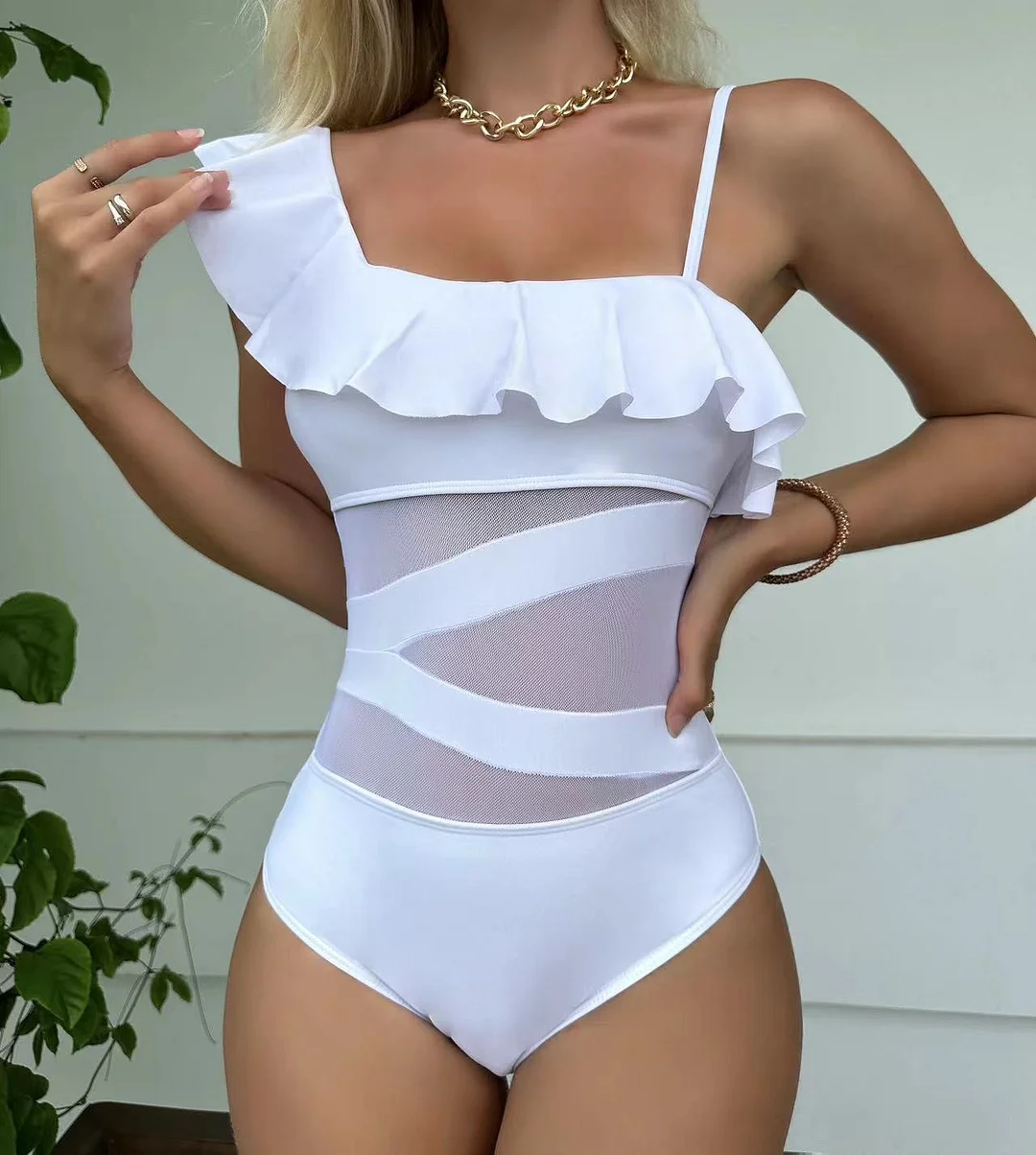 Zingj 2023 Sexy New Lotus Edge Mesh Splicing Body Swimsuit Swimsuit