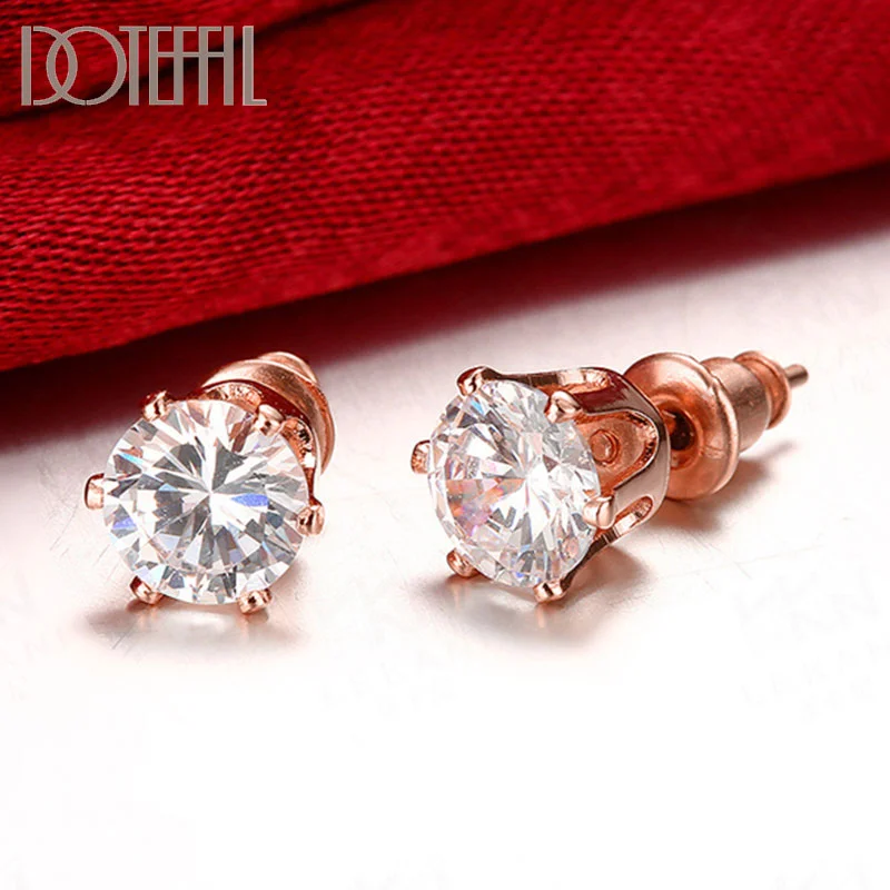 DOTEFFIL 925 Sterling Silver AAA Zircon Rose Gold Earring For Woman Jewelry