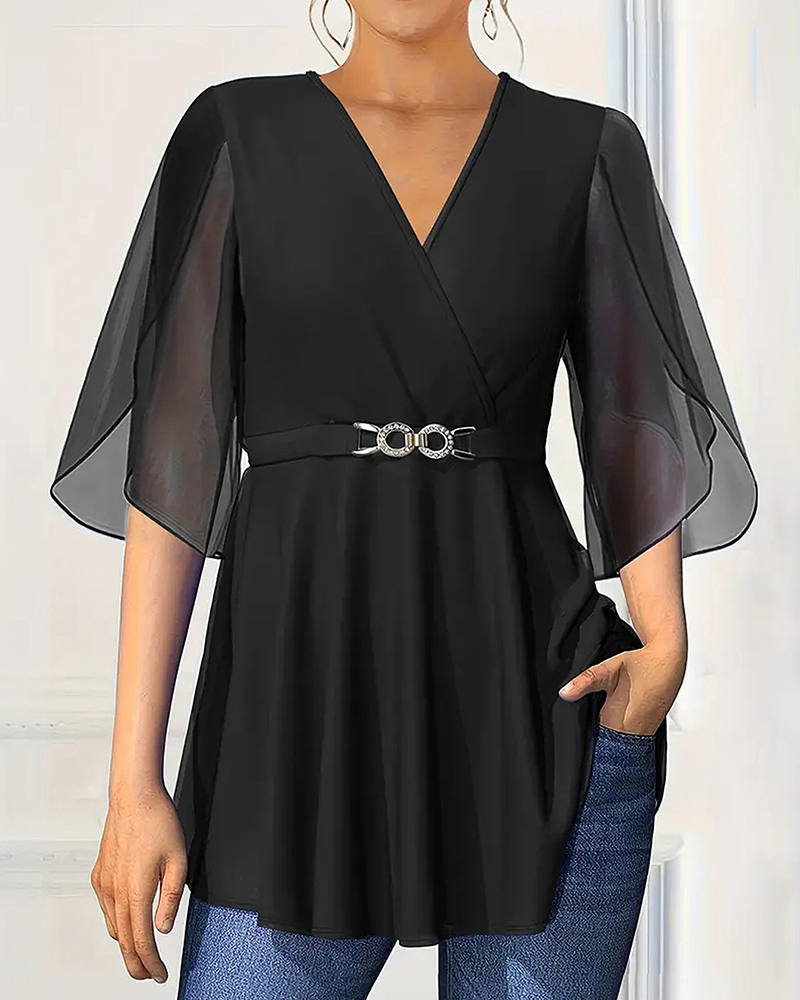 Sheer Flared Sleeve V Neck Mesh Top