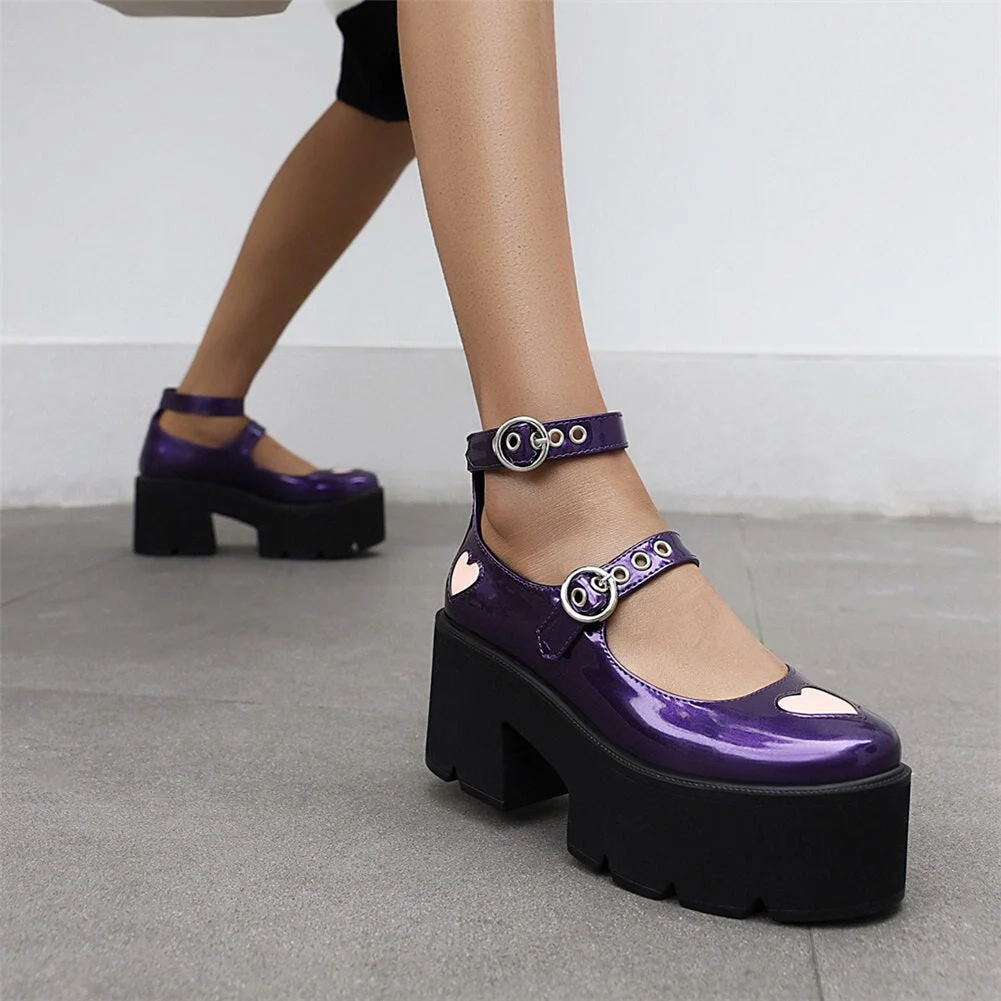 Back to College Round Toe Heart Print Ankle Strap Chunky Goth Platform Women Shoes Trendy Punk Marry Janes Pumps Square Heels Street Style