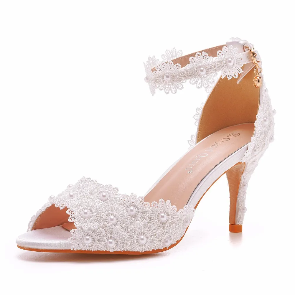 Breakj Breakj Cm Lace Fish Mouth High Heel Sandals Shallow Mouth Buckle With Large-Size Round-Head High-Heeled Shoes White Satin Cloth Marriage