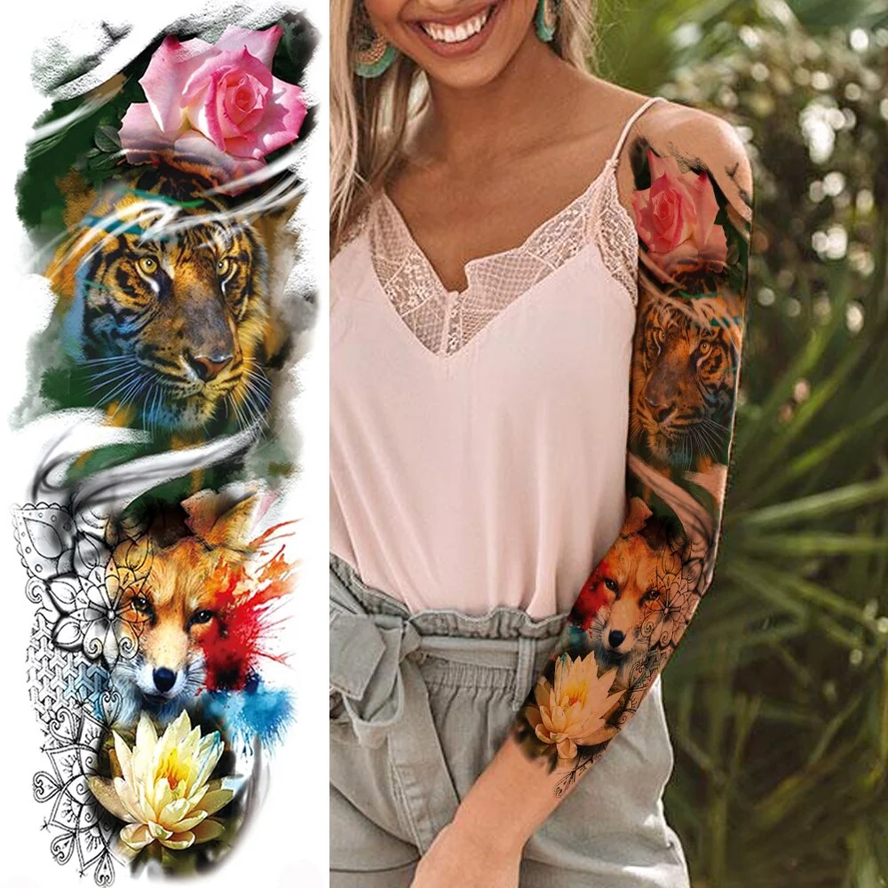 Sdrawing Military Wolf Temporary Tattoos Sleeve For Men Adult Fake 3D Lion Skull Tatoos Sticker Full Arm Warriors Tattoos For Show