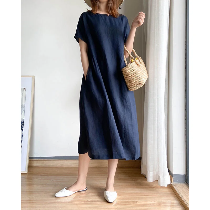 Nigikala Nigikala New Leisure Spring And Summer Loose Skirt Short Sleeve Round Neck Solid Cotton Linen Dress