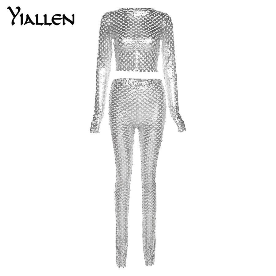 Yiallen Autumn New Women Sexy Hollow Out Hole Streetwear Tracksuit Simple Slim Stretch Silver Tracksuit Two Piece Set Female