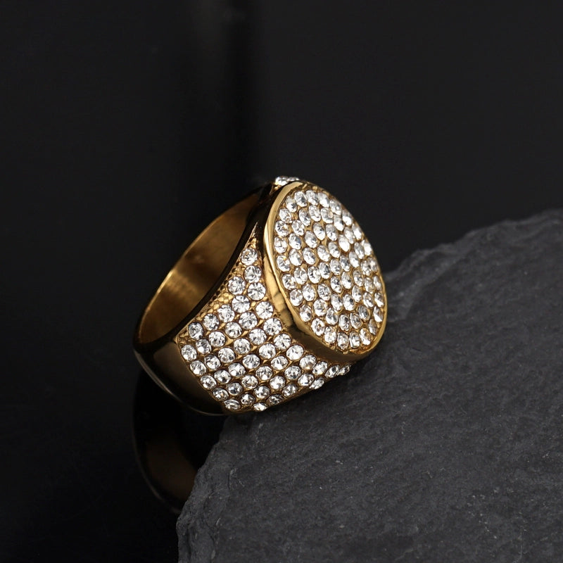 Hip-Hop Geometric 316 Stainless Steel Inlay Rhinestones Gold Plated Men’s Rings