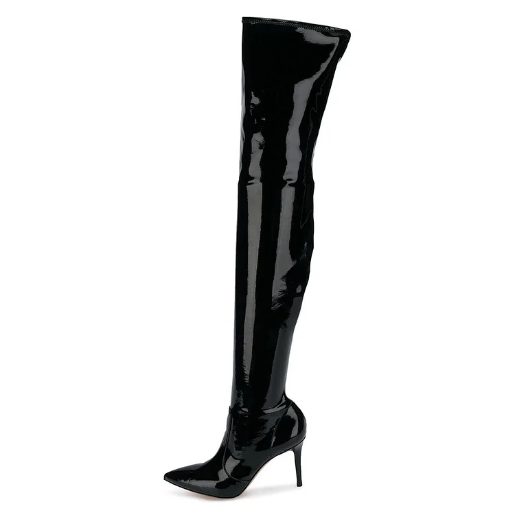 Black Patent Leather Pointy Toe Thigh High Heel Boots |FSJ Shoes