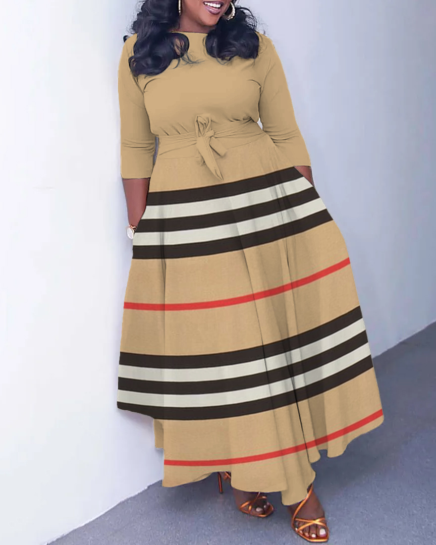Classic Stripes Contrast Color Long Sleeve Pockets Maxi Dress