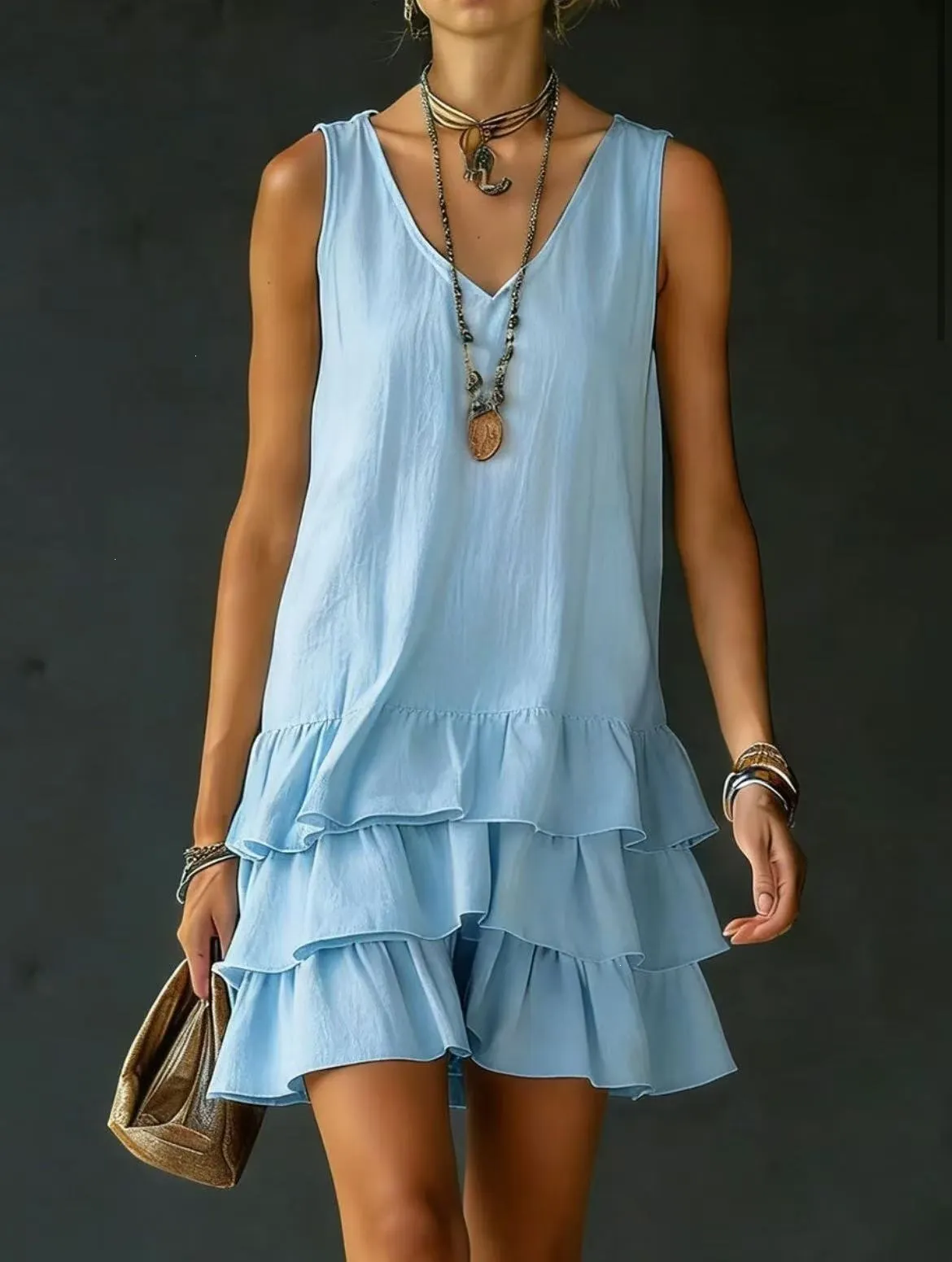 Women&rsquo;s Sleeveless V-Neck Loose Tiered Ruffle Hem Solid Casual Mini Dress
