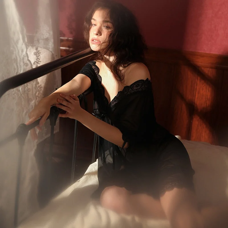 Summer Sexy Women Nightgowns Sheer Mesh Short-sleeved Nightdress Female Hot Sexy Lingerie Lace Sleepwear Nightwear