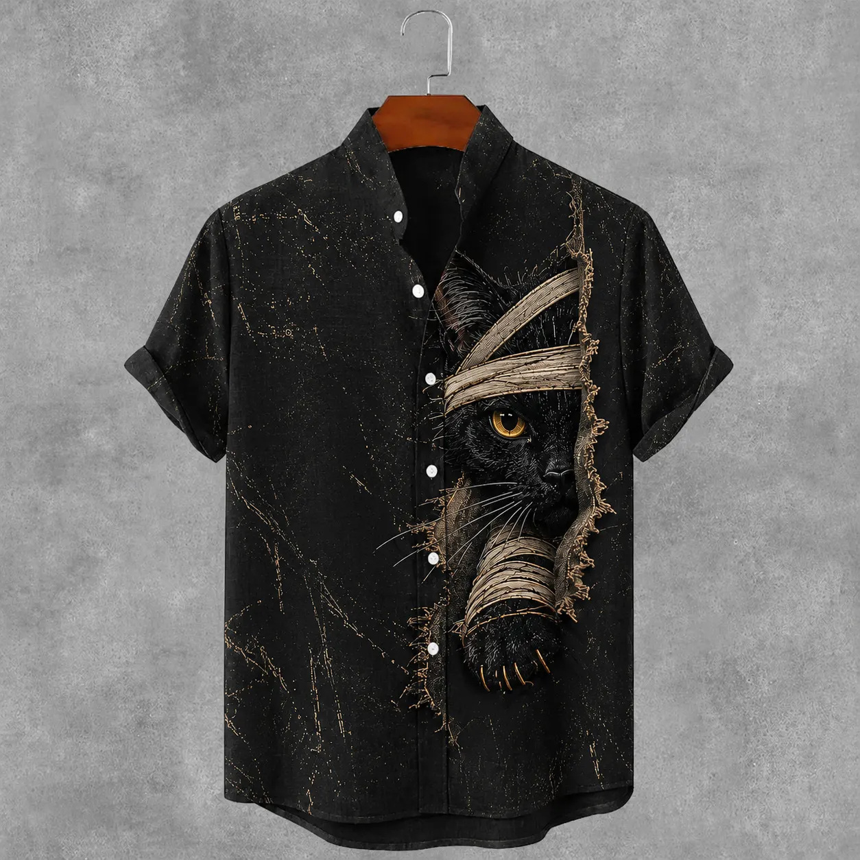 Men's Gothic Bandage Black Cat Art Short Sleeve Linen Shirt  artssus